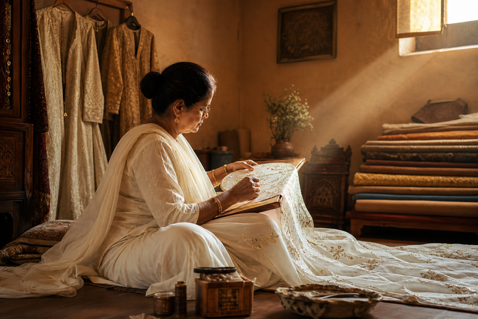 Artisan working on Chikankari embroidery in golden afternoon light