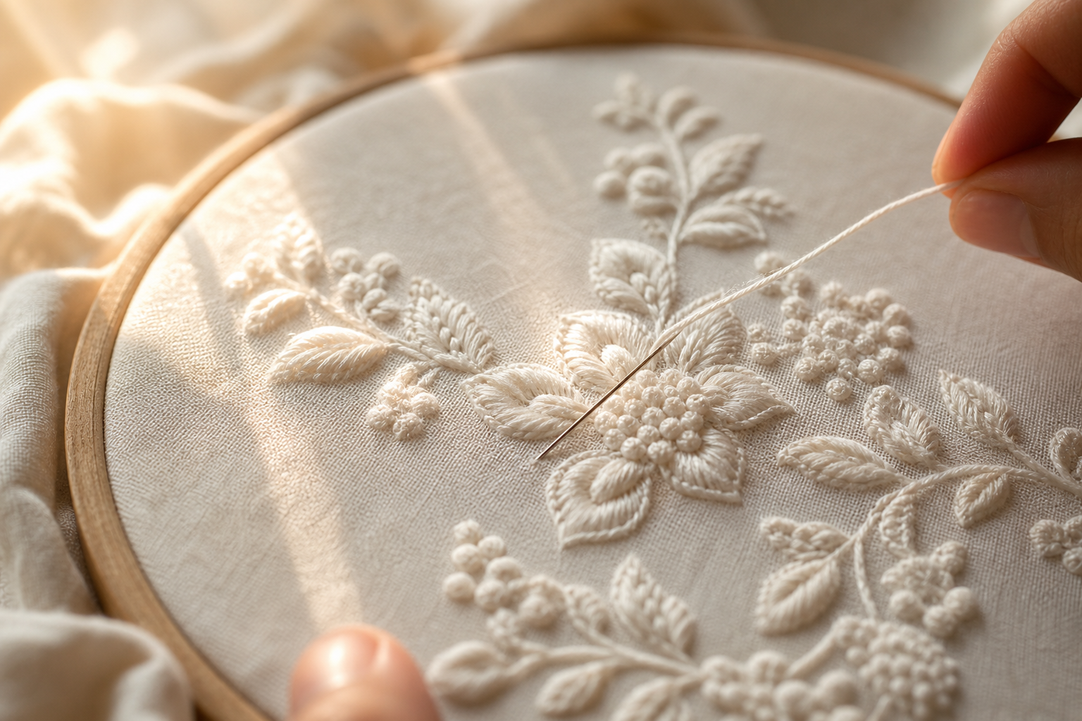 Close-up of Chikankari embroidery in progress on an ivory hoop
