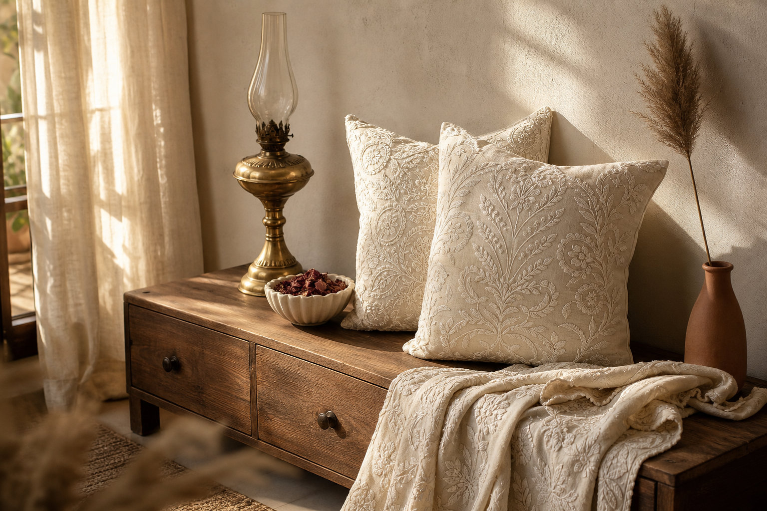 Beautifully embroidered home décor in a warm naturally lit interior