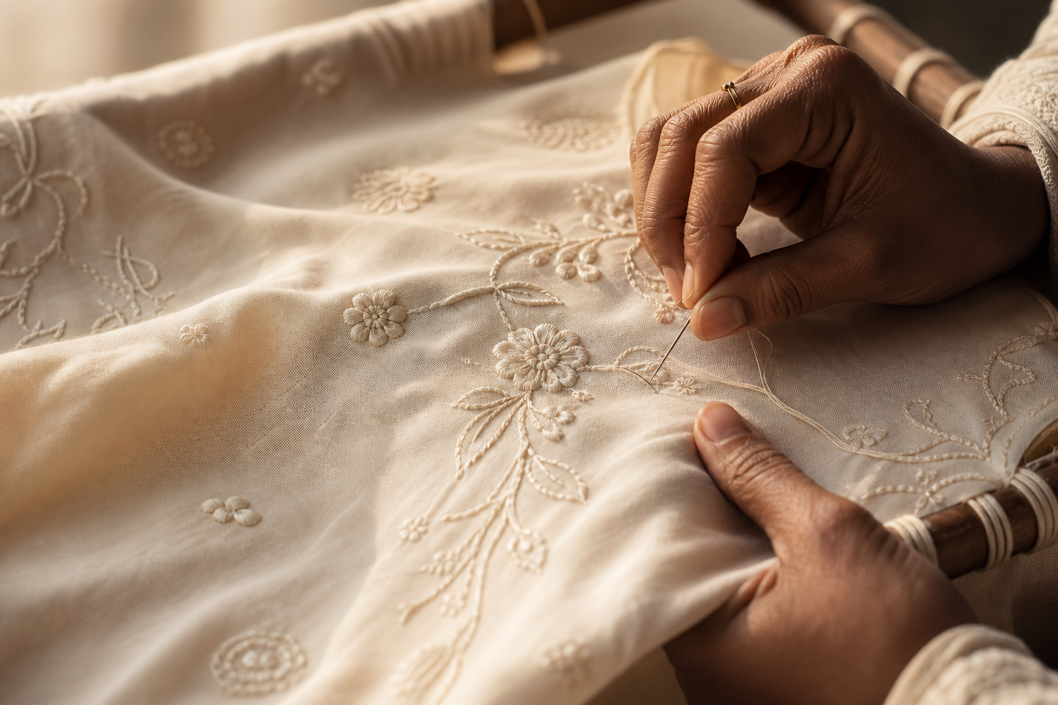 Artisan hands embroidering fine Chikankari fabric